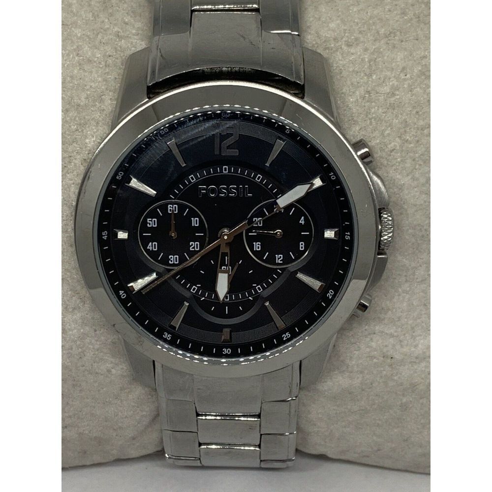 Fossil Fs4532 Men's Silver Stainless Steel Analog Black Dial Quartz Watch Aa428